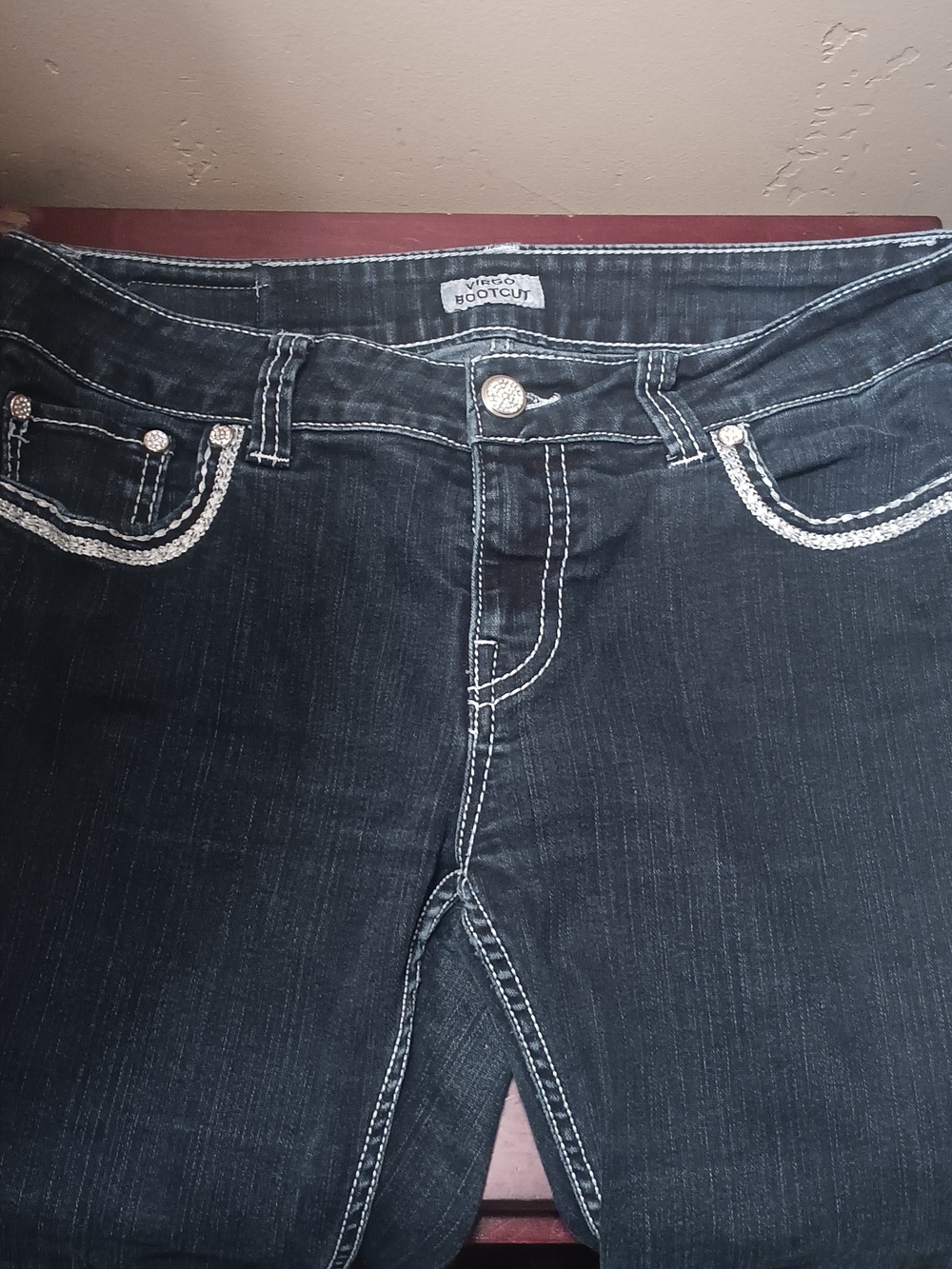 Virgo Daytrip Women's Dark Indigo Bootcut Jeans, White Stitching And Rhinestones